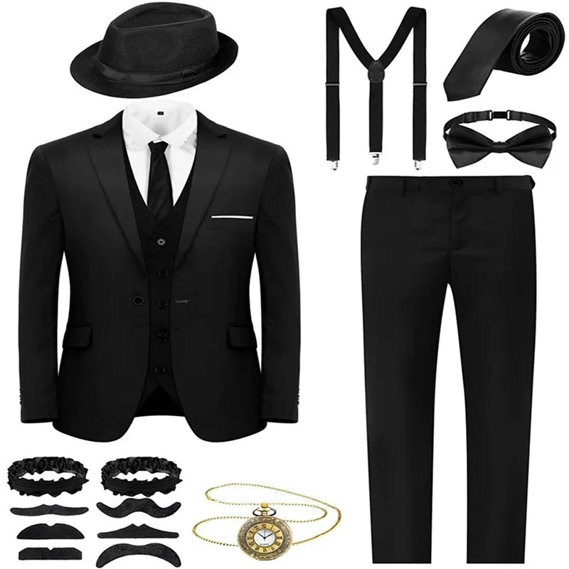 Men's Hat Included Suit Vest Shirt Engagement Party Slim Fit Set for Dress up and Cosplay