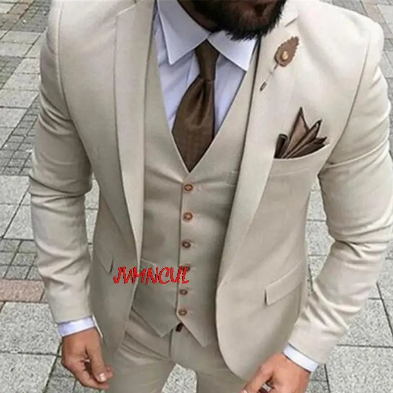 Men Suits With Pant 2024 Terno Masculino Slim Fit Smoking Formal Tuxedo Beige 3 Pieces Wedding Suits For Men Groomsman Suits