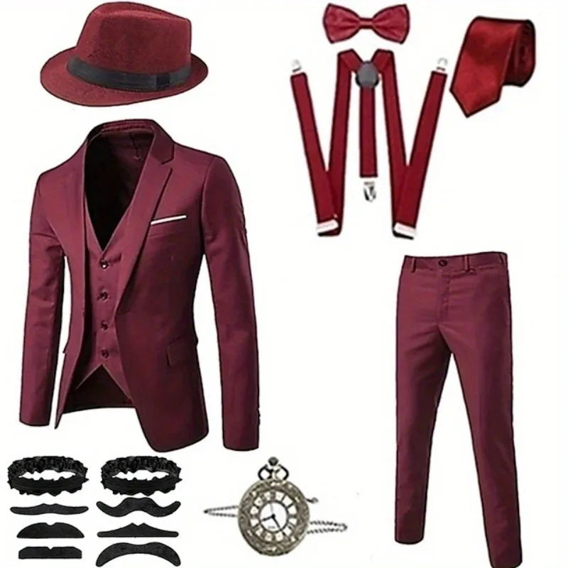Men's Hat Included Suit Vest Shirt Engagement Party Slim Fit Set for Dress up and Cosplay