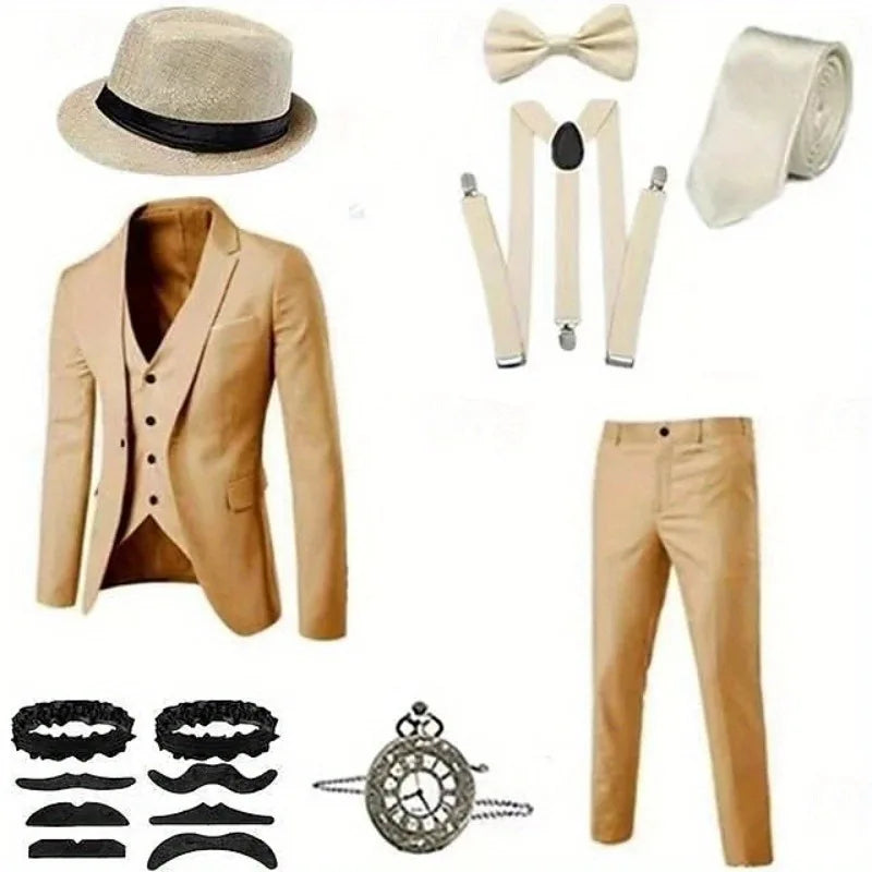 Men's Hat Included Suit Vest Shirt Engagement Party Slim Fit Set for Dress up and Cosplay